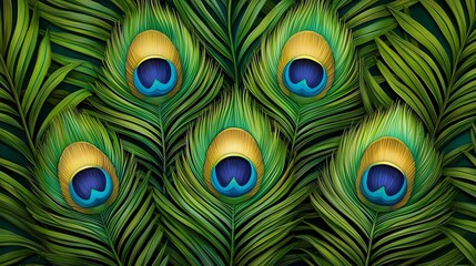 A vibrant pattern featuring peacock feathers and green leaves, showcasing intricate details and rich colors.