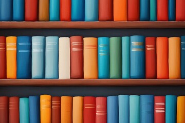 Fototapeta premium A vibrant display of books on shelves, showcasing a variety of colors and spines, creating a visually appealing and organized collection.