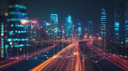 Obraz premium Smart Innovation city with connection cyber security network reciprocity over the night cityscape future wireless digital city and social media networking systems that connects people in the city