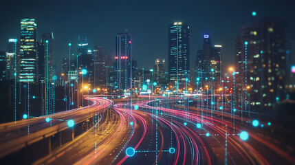 Fototapeta premium Smart Innovation city with connection cyber security network reciprocity over the night cityscape future wireless digital city and social media networking systems that connects people in the city