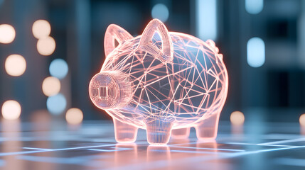 conceptual image of digital piggy bank glowing with neon lights, symbolizing savings and financial technology. futuristic design highlights innovation in personal finance
