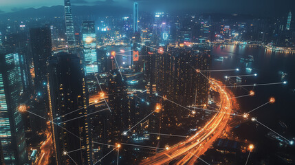 Smart Innovation city with connection cyber security network reciprocity over the night cityscape future wireless digital city and social media networking systems that connects people in the city