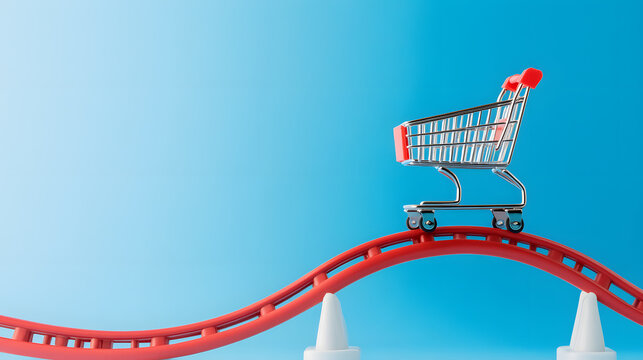shopping cart balances on vibrant roller coaster track, symbolizing thrill of shopping. bright blue background enhances playful and adventurous mood of scene