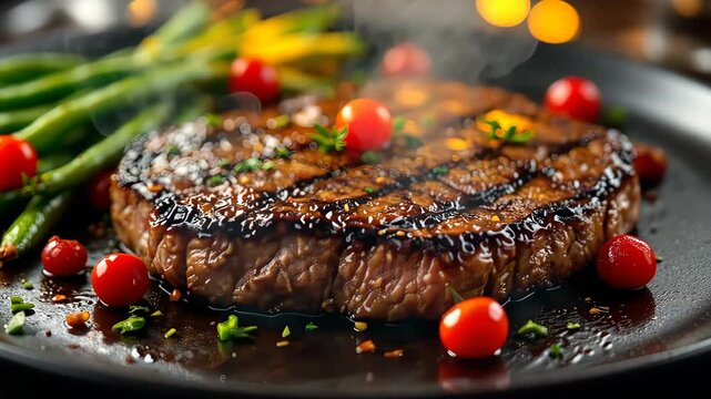 A juicy grilled steak with perfect char marks served with fresh cherry tomatoes for a gourmet touch