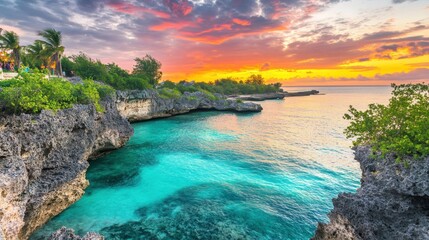 Serene Coastal Sunset Over Turquoise Water and Rocky Outcrops
