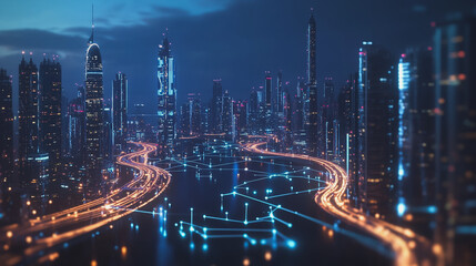 Fototapeta premium Smart Innovation city with connection cyber security network reciprocity over the night cityscape future wireless digital city and social media networking systems that connects people in the city
