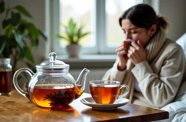 Ill woman with hot tea