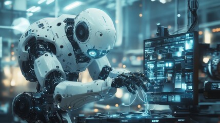 Fototapeta premium fiber optic system. Advanced Robot Working on Futuristic Computer System