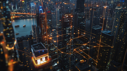 Smart Innovation city with connection cyber security network reciprocity over the night cityscape future wireless digital city and social media networking systems that connects people in the city