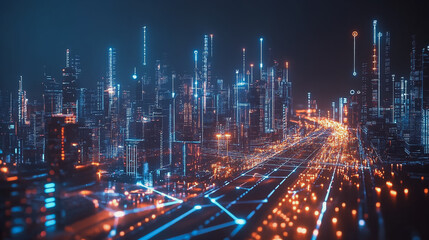 Obraz premium Smart Innovation city with connection cyber security network reciprocity over the night cityscape future wireless digital city and social media networking systems that connects people in the city
