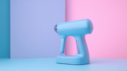Fototapeta premium Blue Handheld Mixer Against Pink and Blue Backgrounds in Studio
