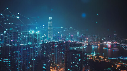 Smart Innovation city with connection cyber security network reciprocity over the night cityscape future wireless digital city and social media networking systems that connects people in the city