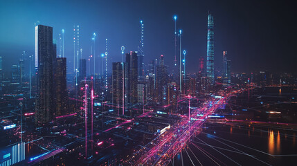 Fototapeta premium Smart Innovation city with connection cyber security network reciprocity over the night cityscape future wireless digital city and social media networking systems that connects people in the city