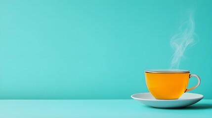 Hot Yellow Tea Cup on White Plate Against Turquoise Background