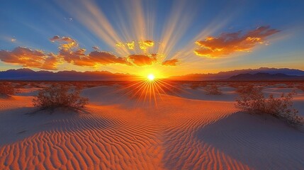 Vibrant sunset casting long rays over desert sand dunes and sparse vegetation.