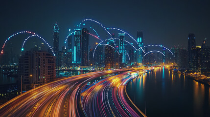 Smart Innovation city with connection cyber security network reciprocity over the night cityscape future wireless digital city and social media networking systems that connects people in the city