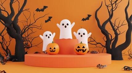 Three white ghosts are standing on a stage with a pumpkin