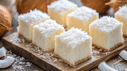 A plate of white cake with coconut flakes on top. There are six pieces of cake. The plate is on a wooden table