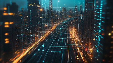 Fototapeta premium Smart Innovation city with connection cyber security network reciprocity over the night cityscape future wireless digital city and social media networking systems that connects people in the city