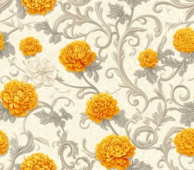 Vibrant Floral Pattern Design Featuring Large Orange and Yellow Flowers on a Soft Beige Background with Delicate Swirls and Green Leaves for Elegant Decor