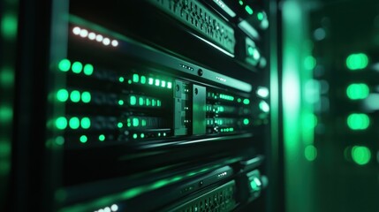 Naklejka premium A row of computer servers with green lights. The servers are connected to each other