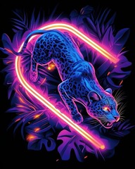 A glowing neon leopard prowling gracefully through a radiant jungle, its sleek form glowing in dynamic blue and orange gradients, surrounded by swirling mist, shimmering leaves, and glowing 