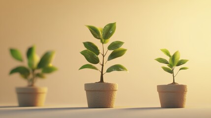 Three potted plants against a warm background, showcasing different stages of plant development, representing growth and progress.