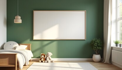 Empty horizontal picture frame on wall in modern  room. Mock up interior in scandinavian style. Free, copy space for your picture, poster. Bed, toys. Cozy room for s. 3D rendering