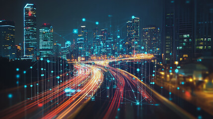 Smart Innovation city with connection cyber security network reciprocity over the night cityscape future wireless digital city and social media networking systems that connects people in the city