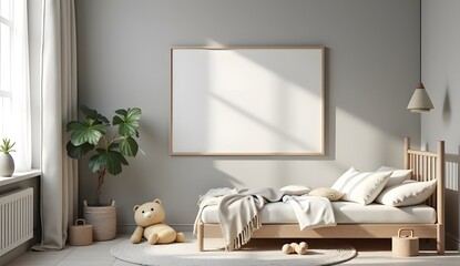 Empty horizontal picture frame on wall in modern  room. Mock up interior in scandinavian style. Free, copy space for your picture, poster. Bed, toys. Cozy room for s. 3D rendering