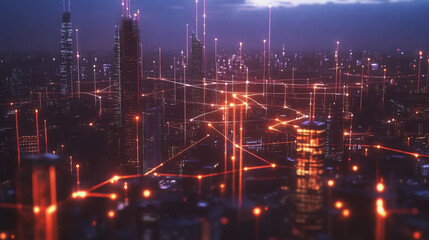 Smart Innovation city with connection cyber security network reciprocity over the night cityscape future wireless digital city and social media networking systems that connects people in the city