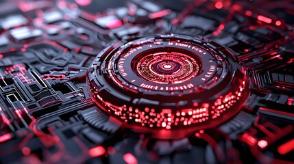 Futuristic Circuit Board with Red Glow and Intricate Design Elements
