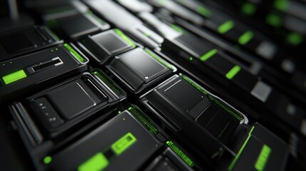 A row of computer servers with green lights on them