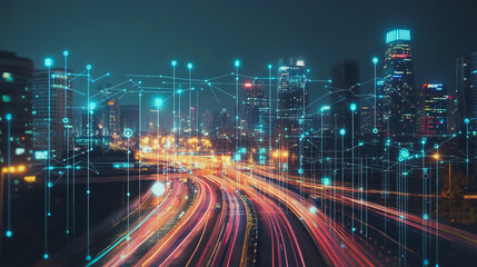Fototapeta premium Smart Innovation city with connection cyber security network reciprocity over the night cityscape future wireless digital city and social media networking systems that connects people in the city
