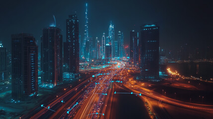 Fototapeta premium Smart Innovation city with connection cyber security network reciprocity over the night cityscape future wireless digital city and social media networking systems that connects people in the city