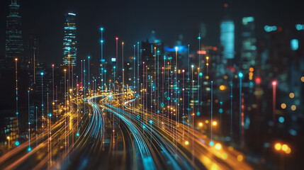 Obraz premium Smart Innovation city with connection cyber security network reciprocity over the night cityscape future wireless digital city and social media networking systems that connects people in the city