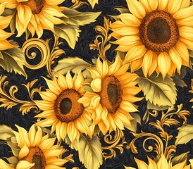 Vibrant Sunflower Pattern with Delicate Floral Elements on a Dark Background, Perfect for Textiles, Wallpapers, or Craft Projects