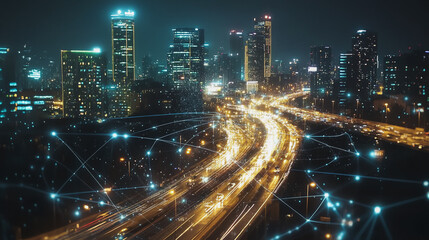 Naklejka premium Smart Innovation city with connection cyber security network reciprocity over the night cityscape future wireless digital city and social media networking systems that connects people in the city