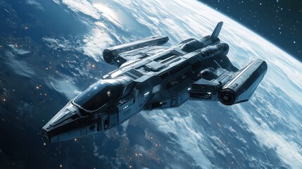 Obraz premium Spaceship orbiting Earth: A futuristic journey into the cosmos
