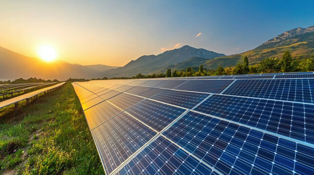 Rows of Solar Panels in Farm Setting Reflecting Sunlight During Golden Hour