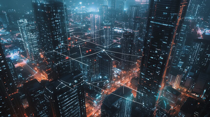 Smart Innovation city with connection cyber security network reciprocity over the night cityscape future wireless digital city and social media networking systems that connects people in the city