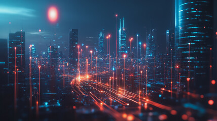 Smart Innovation city with connection cyber security network reciprocity over the night cityscape future wireless digital city and social media networking systems that connects people in the city