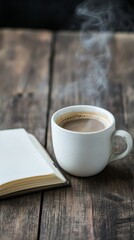 A steaming cup of coffee beside an open notebook on a rustic wooden table.