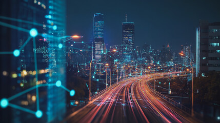 Fototapeta premium Smart Innovation city with connection cyber security network reciprocity over the night cityscape future wireless digital city and social media networking systems that connects people in the city