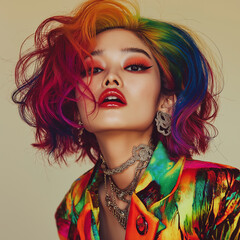 Obraz premium Vibrant fashion portrait of a model with colorful hair urban studio photography contemporary style close-up creative expression