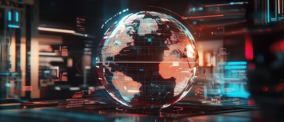 Fototapeta premium Futuristic Digital Globe in High-Tech Environment with Data Streams and Holographic Displays