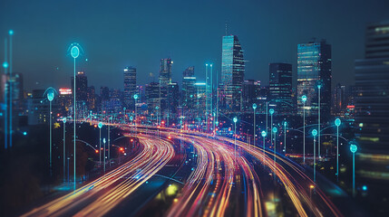 Fototapeta premium Smart Innovation city with connection cyber security network reciprocity over the night cityscape future wireless digital city and social media networking systems that connects people in the city