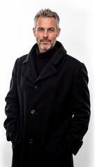 Mature businessman in black winter coat on white background. For executive portraits and luxury menswear advertising.