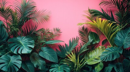 Lush green plants against a vibrant pink background, creating a tropical aesthetic.
