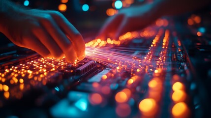 fiber optic system. Hands Interacting with Illuminated Circuit Board